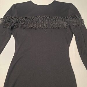 Hearts Fringe Knit‎ Dress Womens 3/4 Black Western Boho Vintage 90s Midi LBD